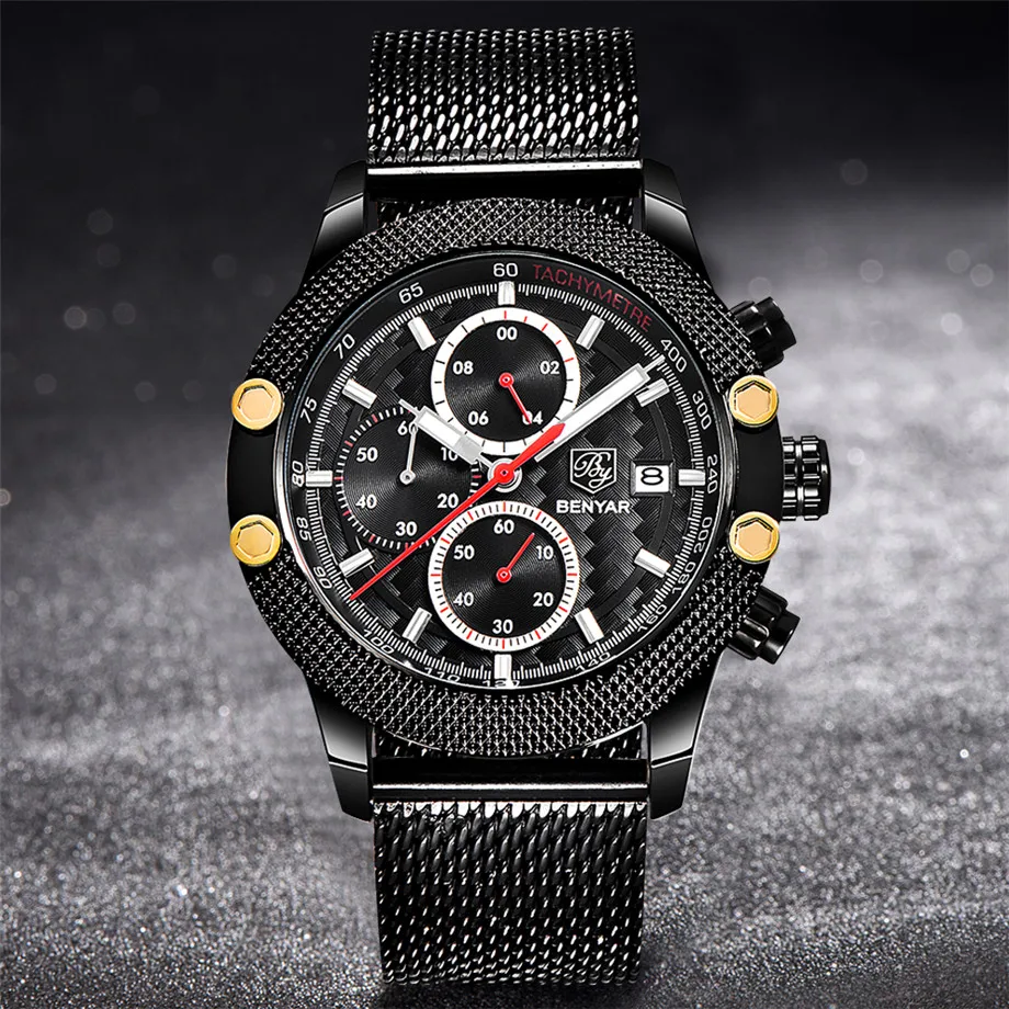 

BENYAR black Watch Men Business Quartz Watches Chronograph Military Army Man Wristwatches Fashion Mesh Stainless Steel Clock