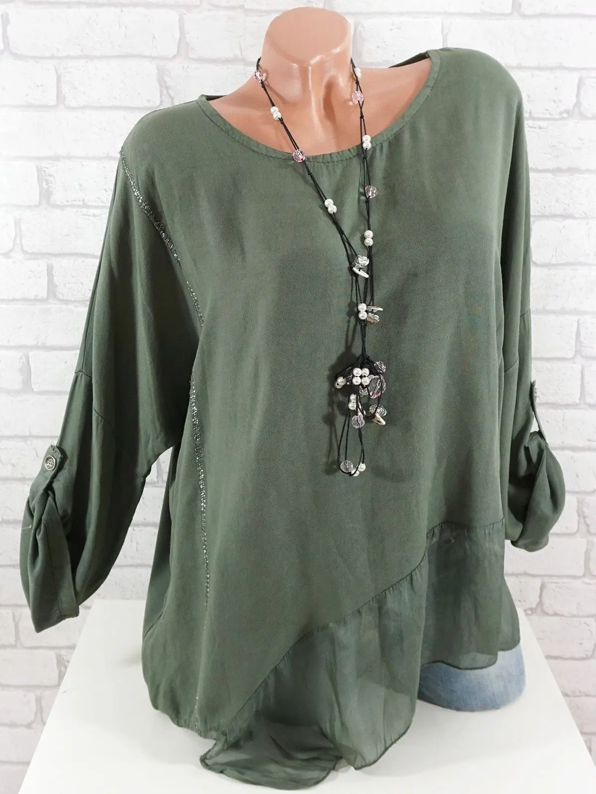 Женская блузка большого размера, новинка весны, прошитая Свободная шифоновая Асимметричная рубашка с круглым вырезом, большие размеры - Цвет: Зеленый