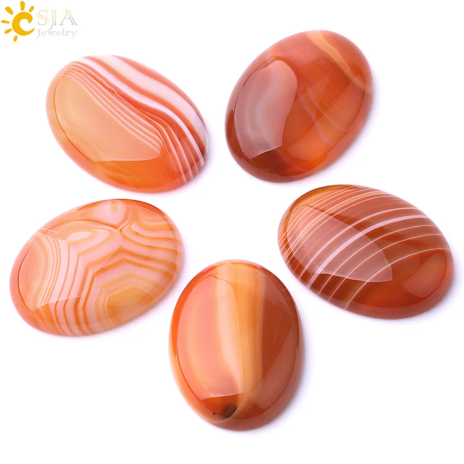 

CSJA Red Striped Agates Natural Stone Cabochon Orange CAB Bead for Handmade Jewelry Women DIY Ring Earrings Handicraft Gift F808