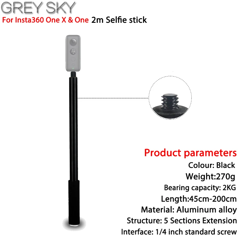 

2m Panoramic Telescopic Rod Foam Handle Bullet Time Stealth Selfie Stick For Insta360 One X & One 360 VR Camera Accessories