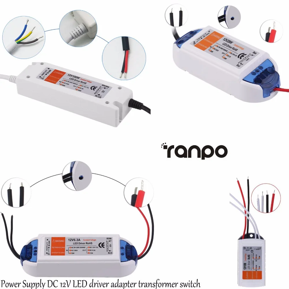 DC 12 В преобразователь зарядное устройство переключение 18 Вт 28 Вт 48 Вт 72 Вт 100 Вт Светодиодный драйвер адаптер трансформатор источник питания для 5050 Светодиодные полосы света