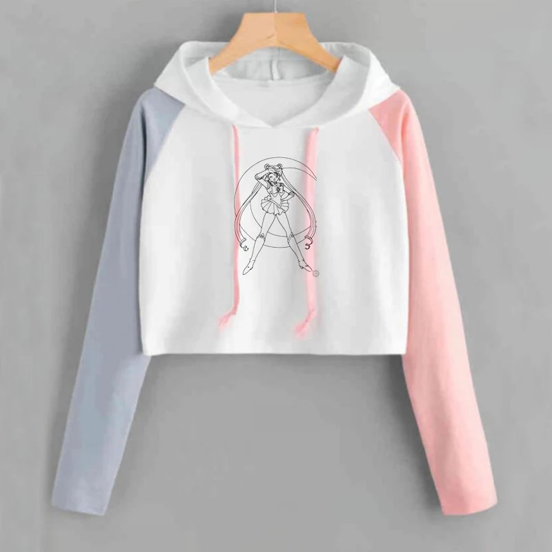  Sailor Moon Crop Hoodies Sweatshirts Women Kawaii Clothes Long Sleeve Harajuku Sailor Moon Cat Copp