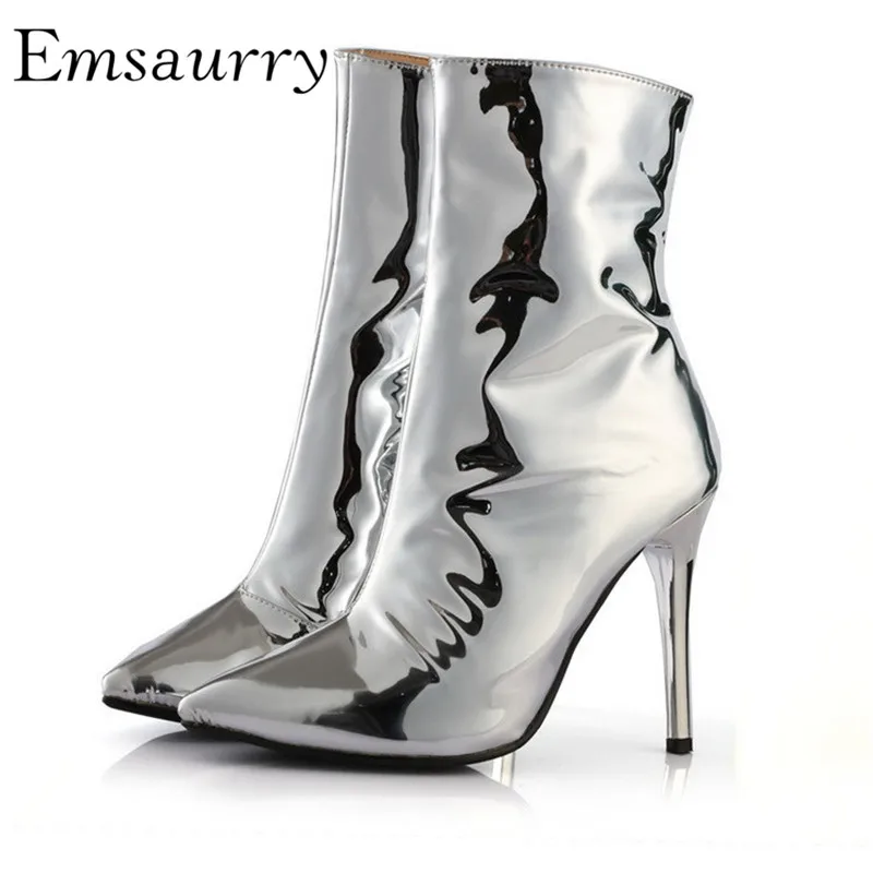 

Sexy Silver Mirror Leather Short Booties Women Pointy Toes Stiletto Heel Fashion Runway Nightclub Ankle Boots