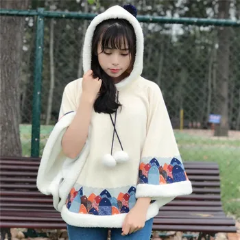 

Japanese Harajuku Vintage Lolita Ethnic Print Manteaux Femme Chaqueta Hooded Cloak Thick Warm Fleece Women Winter Coat Jacket