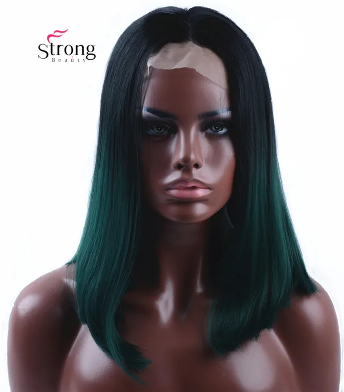 

StrongBeauty Synthetic Lace Front Wig Back to Green turquoise teal Glueless Ombre Tone Color Short Bob Hair Wigs Heat Resistant