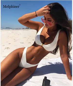 

Melphieer Sexy Bandage Bathing Suits Bikinis 2019 Swimwear Women Swimsuit Solid Metal Lock Biquini Maillot De Bain Bikini Set