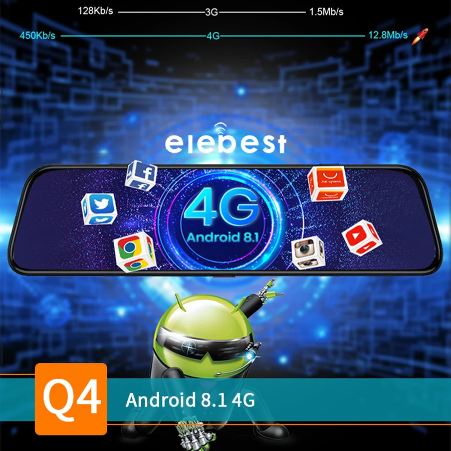 Elebest Dash Cam Регистратор Видео Запись для Android 8,1 Автомобильный видеорегистратор Камера 4G WiFi gps ADAS 1" дисплей зеркало заднего вида 1080P