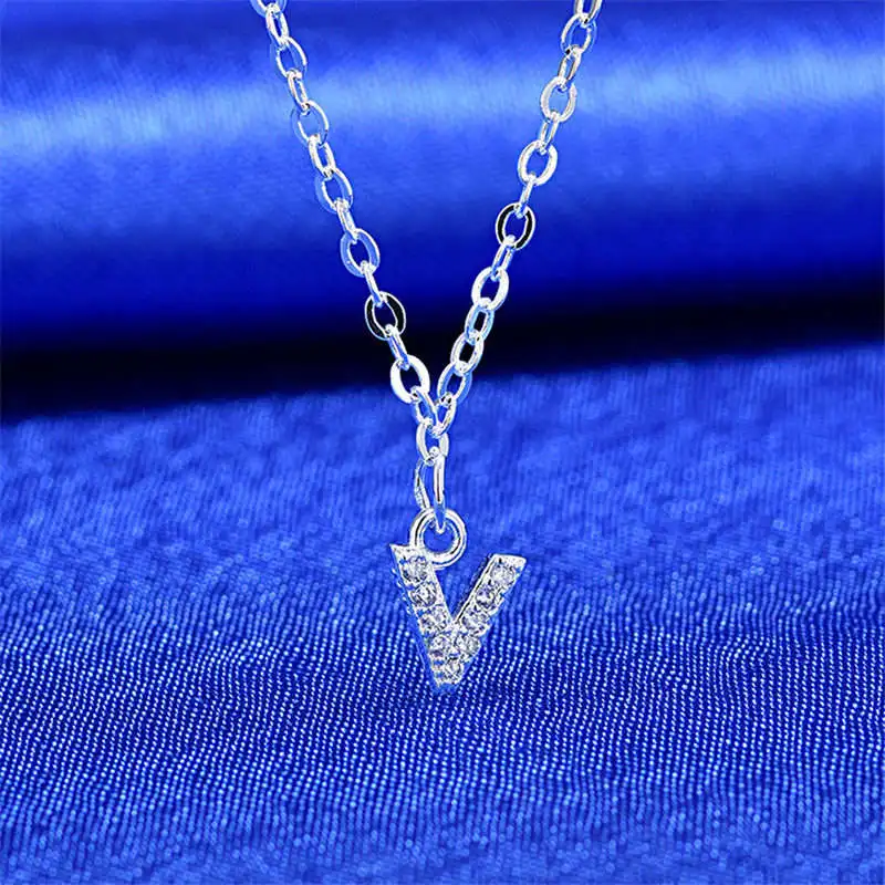 26 букв ожерелье для женщин Кристалл первоначальное ожерелье корейский Серебряный чокер Изысканная цепочка тонкое ожерелье s Bling модное ювелирное изделие - Окраска металла: V