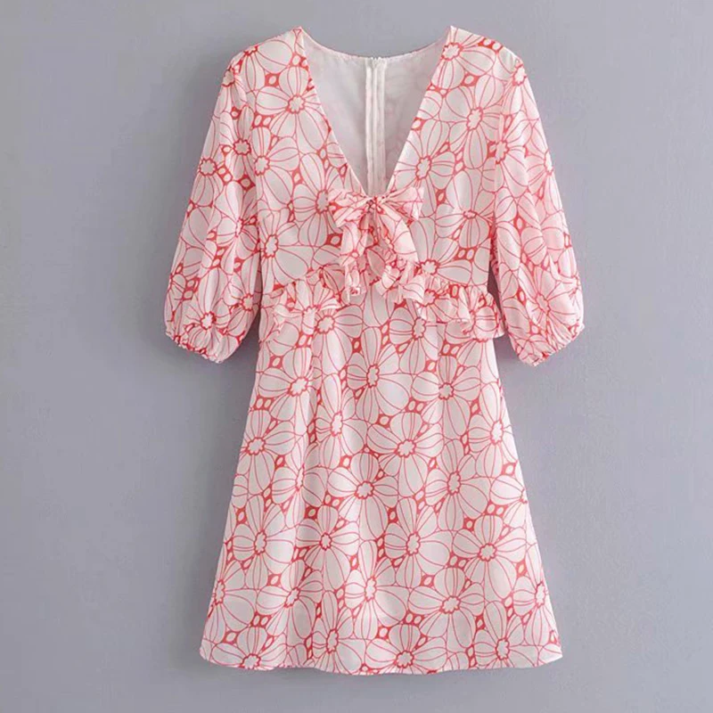 Women's Clothing Dress 2019 Chiffon V-Neck Bow Ruffled Lantern Sleeve Dress Ms Summer Street Sexy Slim Fit Temperament Clothing