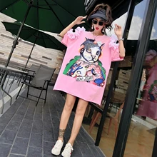 Европейская станция лето мультфильм печати без бретелек кошка шаблон свободная футболка женское длинное платье tide бренд