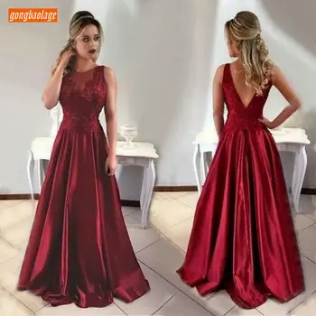 

Sexy Burgundy Evening Dress Long 2020 Special Occasion Formal Dresses Scoop Satin Lace Appliques A-line Evening Gowns Customized