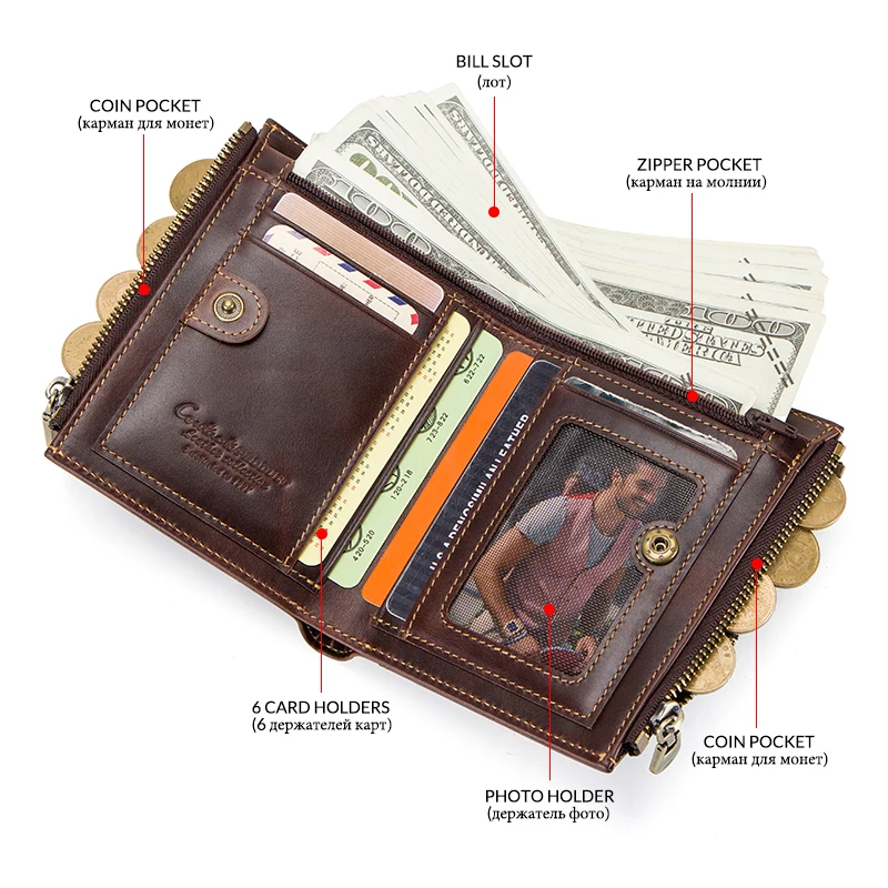 Beste Contact s Crazy Horse Echt Lederen Portemonnee Mannen Portemonnee Walet Kaarthouder Portemonnee Dubbele Zip Geld Tas Met Ketting RFID