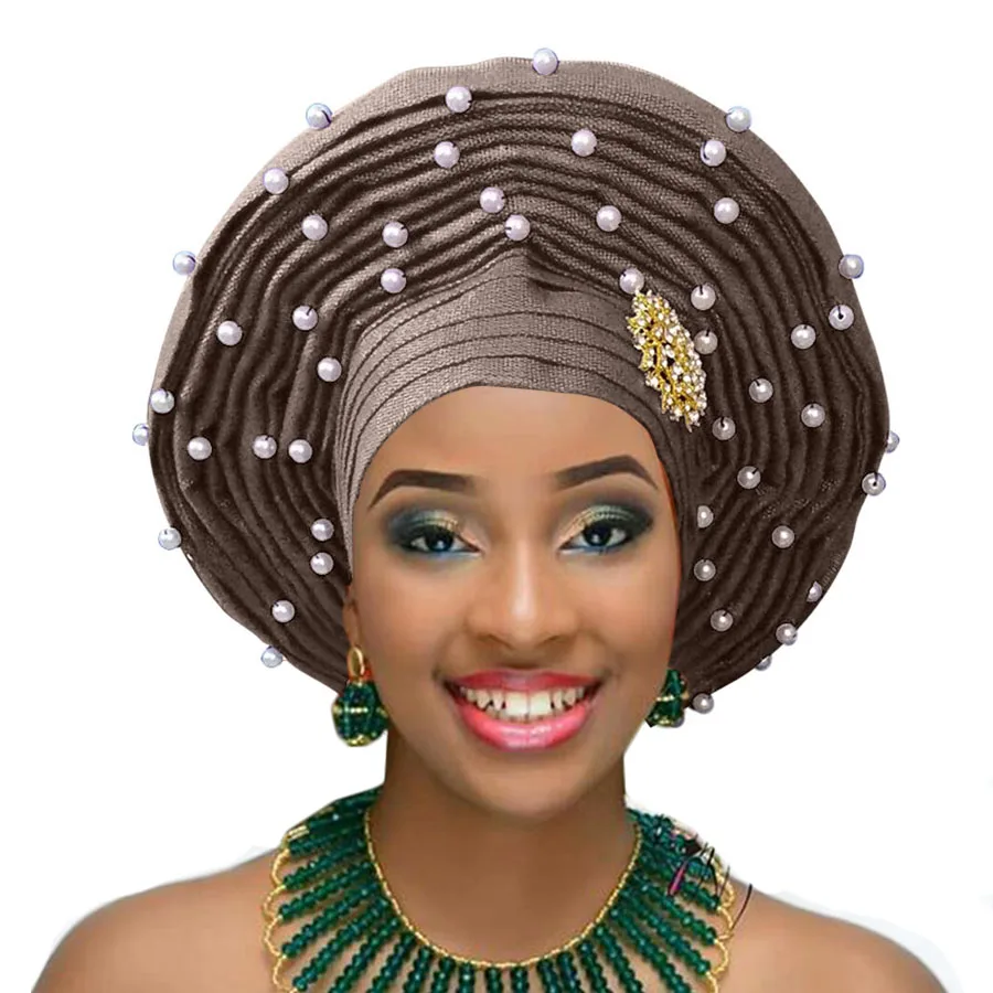 Африканский геле уже heatie Aso oke головной убор с бисером Африканский головной убор для женщин - Цвет: coffee