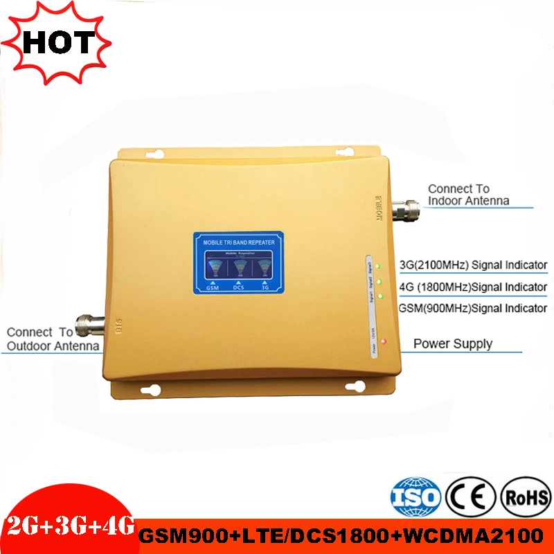 Gain 70dB 2G 3G 4G Tri Band Cellular Signal Booster GSM Repeater 900MHz+DCS LTE 1800MHz+WCDMA UMTS 2100MHz amplifier with LCD (5)