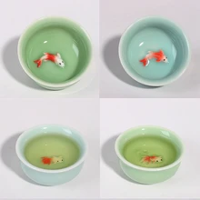 Новая китайская керамическая чайная чашка кунг-фу, 50 мл, Селадон, лазурный/зеленый карп, золотая рыбка, маленькие чайные чашки, посуда для напитков 7*3,5 см