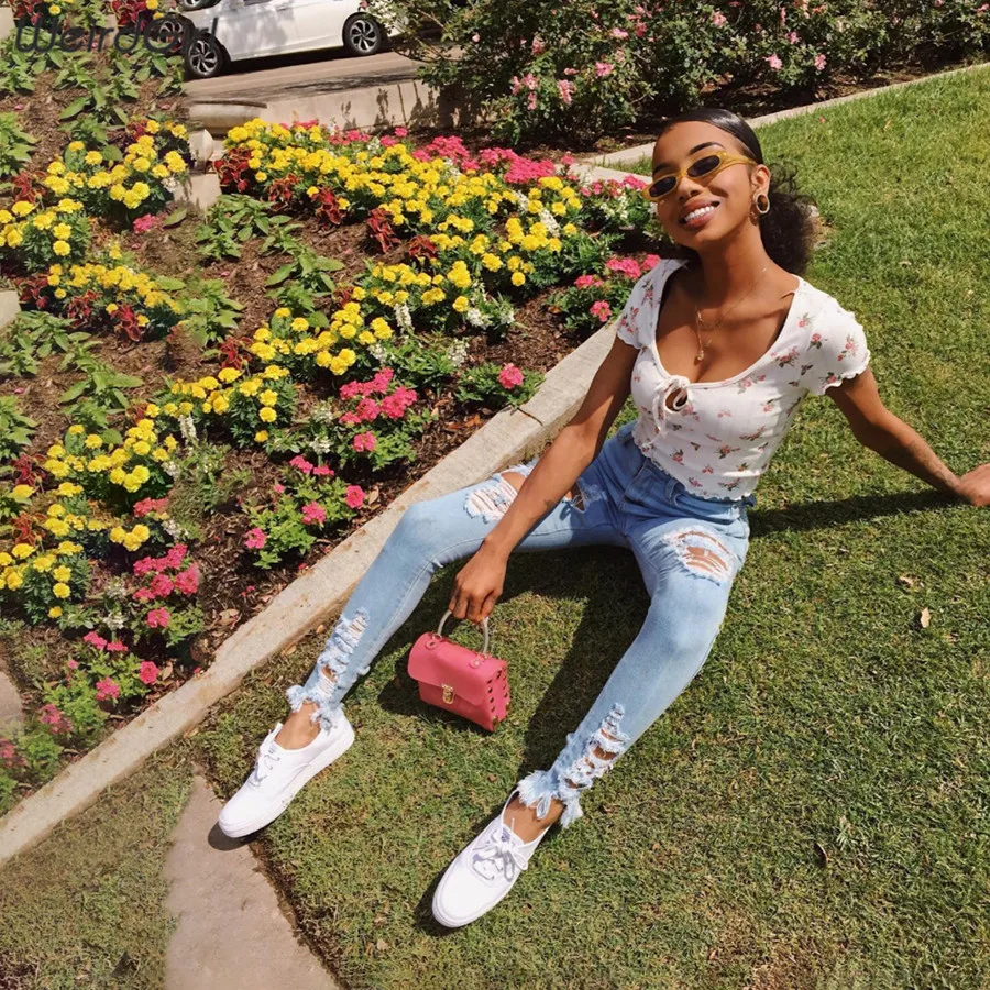 Weirdgirl النساء زهرة تي شيرت مطبوع كشكش الأكمام ضئيلة امتدت فام تيز الأزياء عطلة مطاطا سيدة جديد قمم الصيف