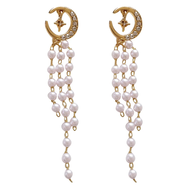 

Free Shipping Sweet Moon Charm Alloy Elegant Pearl Tassel Earring