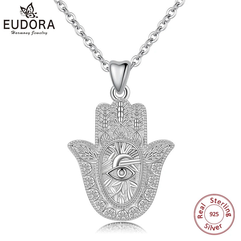 EUDORA 925 пробы Серебряное ожерелье с подвеской в виде руки Хамса от сглаза для мужчин и женщин, хорошее ювелирное изделие в виде ангела, Прямая поставка CYD312