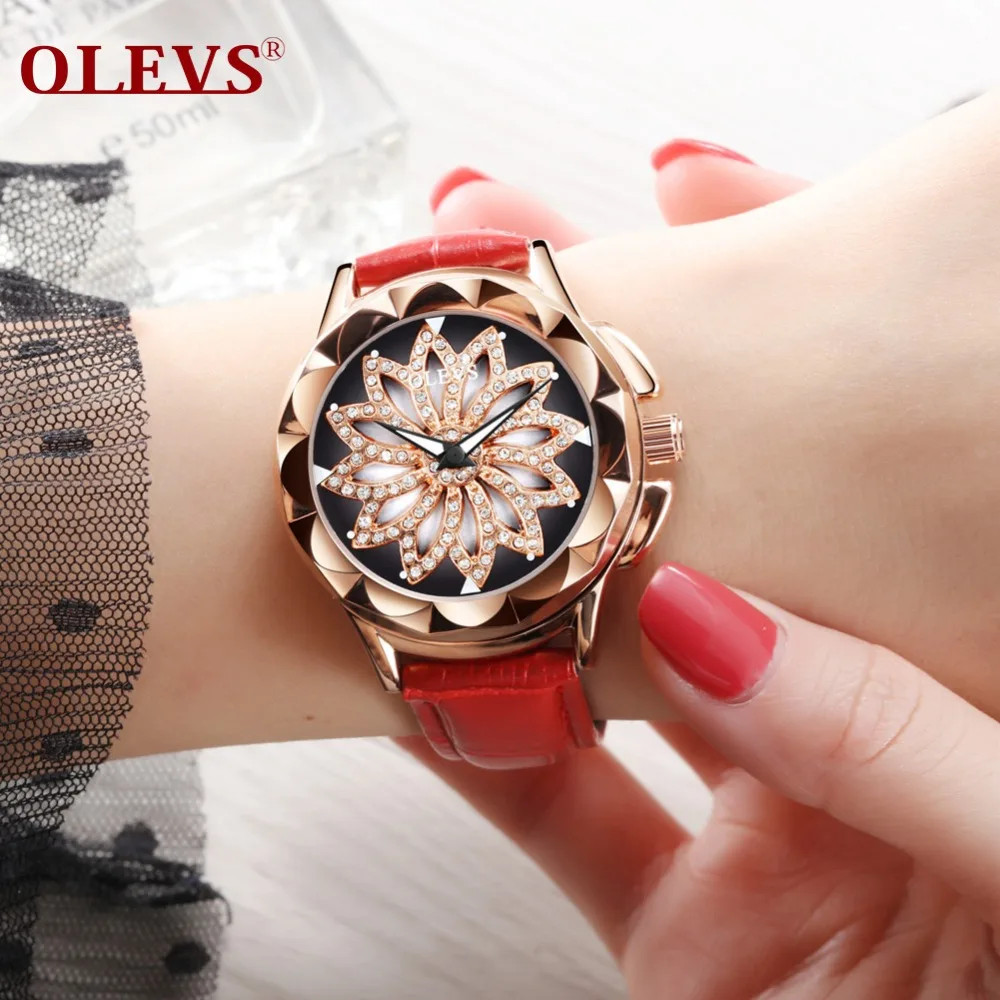 

OLEVS Brand hollow out Ladies Watch Rose Gold Women Watches Elegant Skeleton Dial Rhinestone Waterproof Red Leather Female Clock
