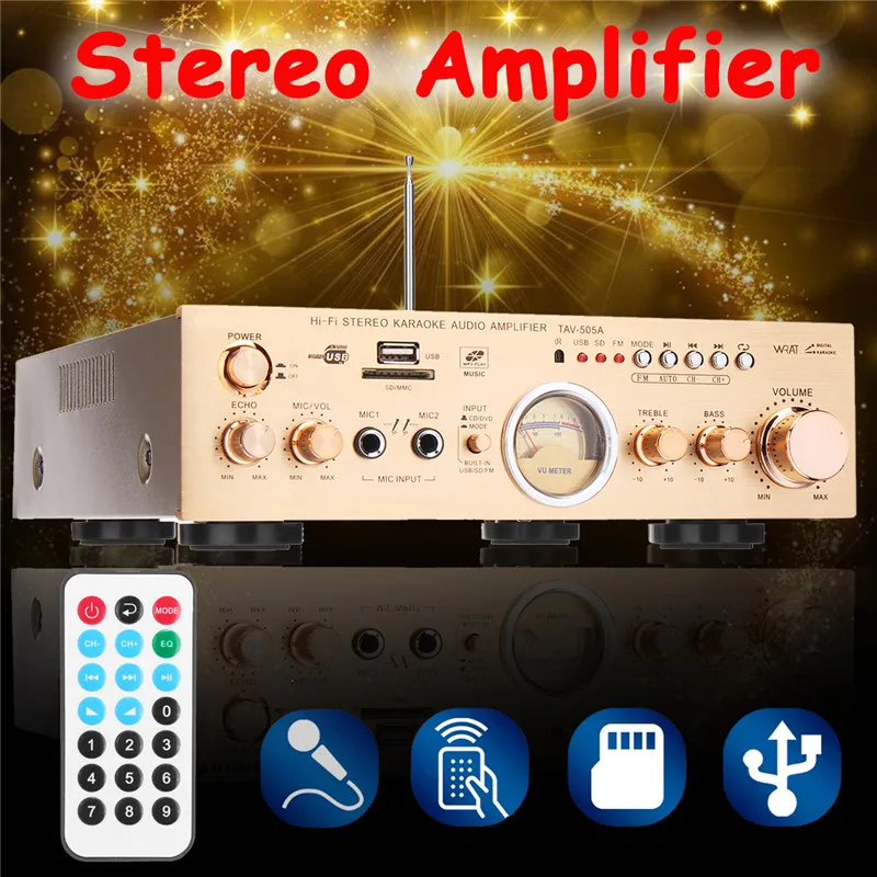 

2 Channel Stereo Home Amplifier 600W 220V Audio Hifi Bluetooth With VU Meter RC Support FM USB SD 4 Ohm 2CH