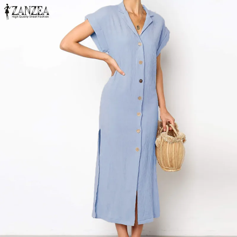 

ZANZEA 2019 Summer Maxi Shirt Dress Elegant Women's Sundress Short Sleeve Vestido Female V Neck Button Linen Tunic Robe Oversize