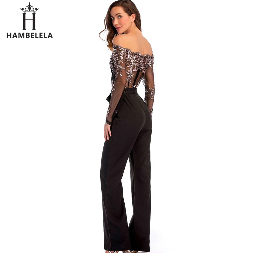 HAMBELELA Plus Size Rompers Womens Jumpsuit 2019 Spring Off Shoulder Black Jumpsuit Pants Long Sleeve One Piece Sequin Jumpsuit (4)