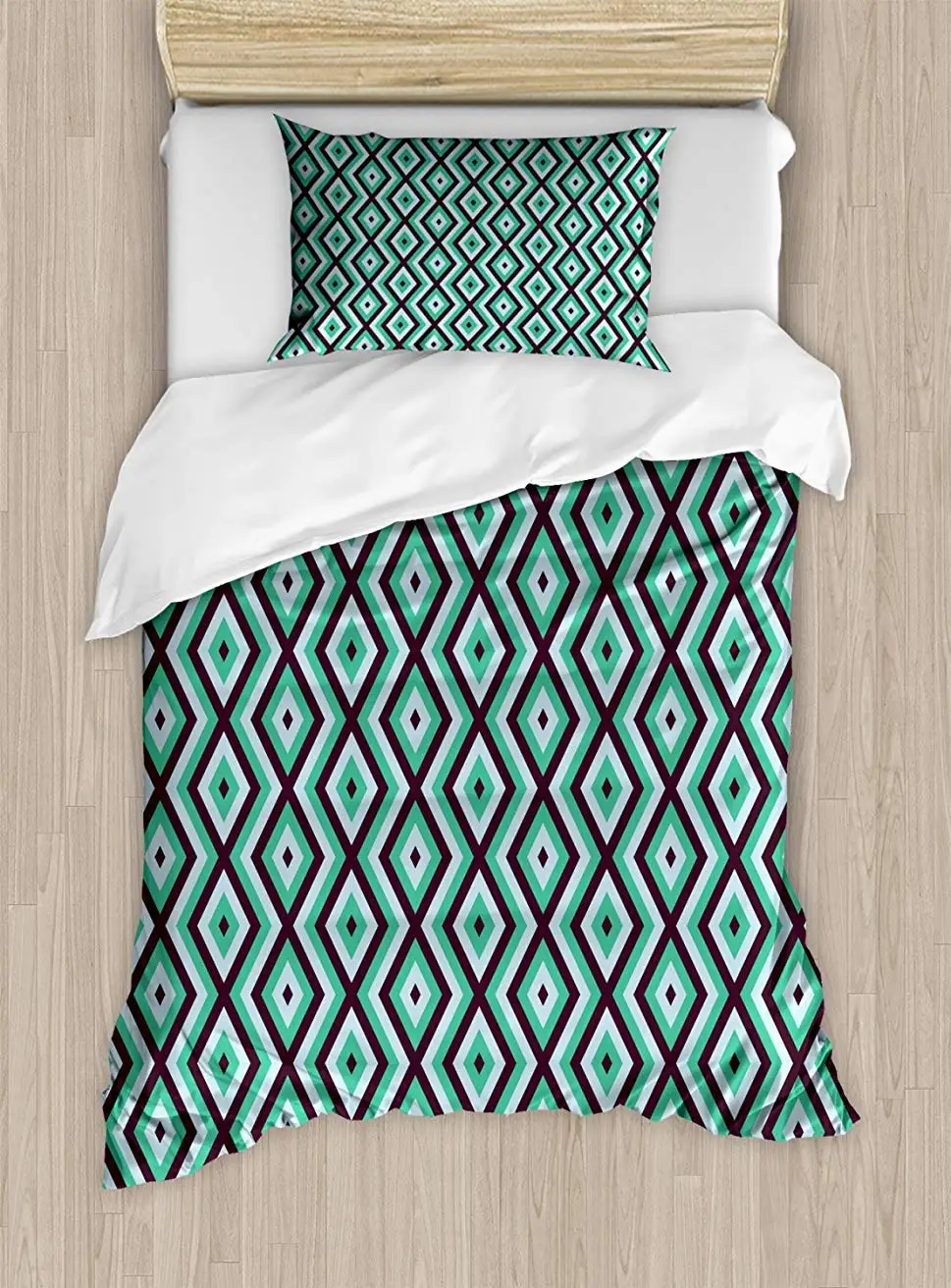 

Teal and White Duvet Cover Set Twin Size Abstract Geometric Minimalists Retro Diamond Line Bedding Set Pillow Sham Sea Green