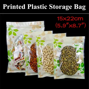

100pcs 15x22cm (5.9"x8.7") Flat Color Printed Plastic Packaging Bag Green Leaf Clear Window Recloseable Plastic Zip Pouch