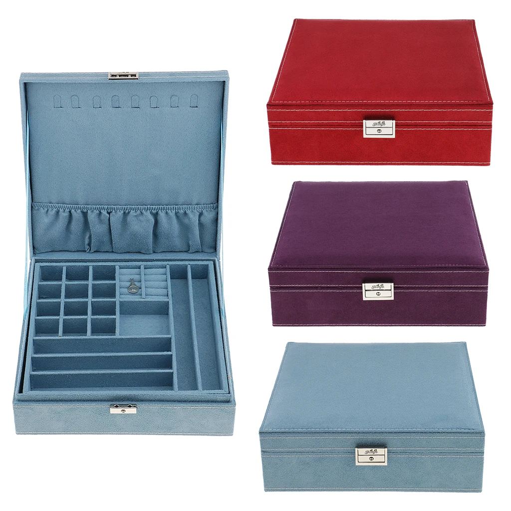 

Two-Layer Velvet Box Earrings Necklace Bracelet Jewelry Case Holder Storage Organizer with Key Red/Purple/Blue 26 x 26 x 8cm