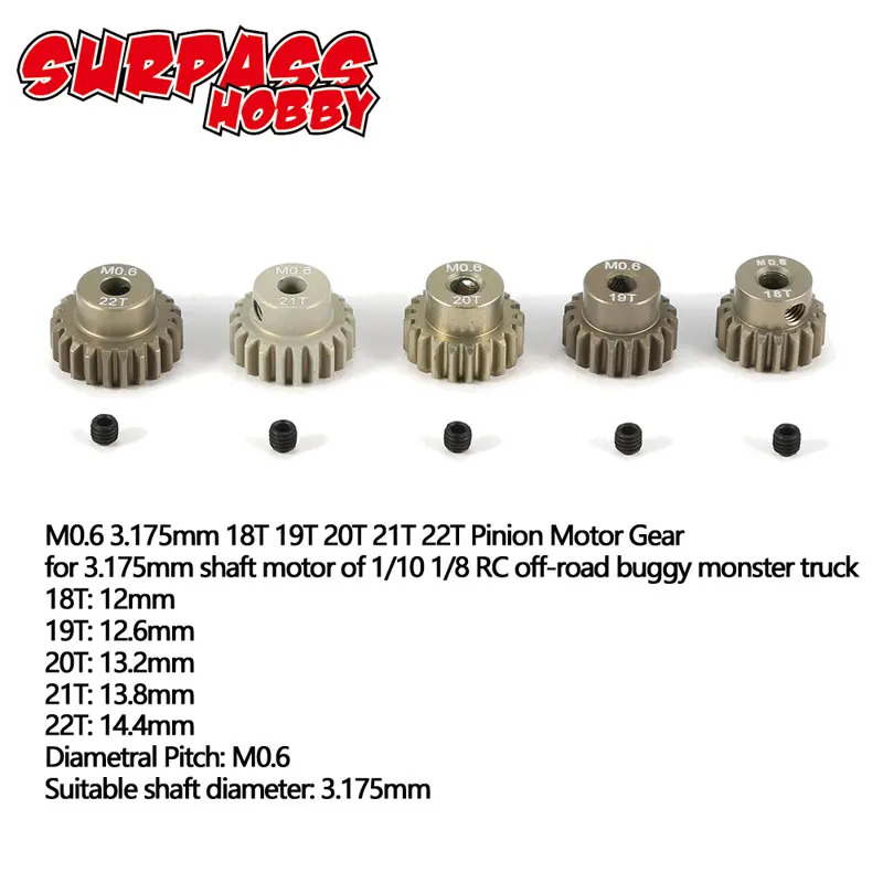 SURPASS HOBBY M0.6 5 шт. 3,175 мм 13T 14T 15T 16T 17T 18T 19T 20T 21 22 футболка черного цвета с металлической Шестерня мотора Шестерни комбинированный набор для RC 1/8 1/10 автомобиля - Цвет: 18T-22T
