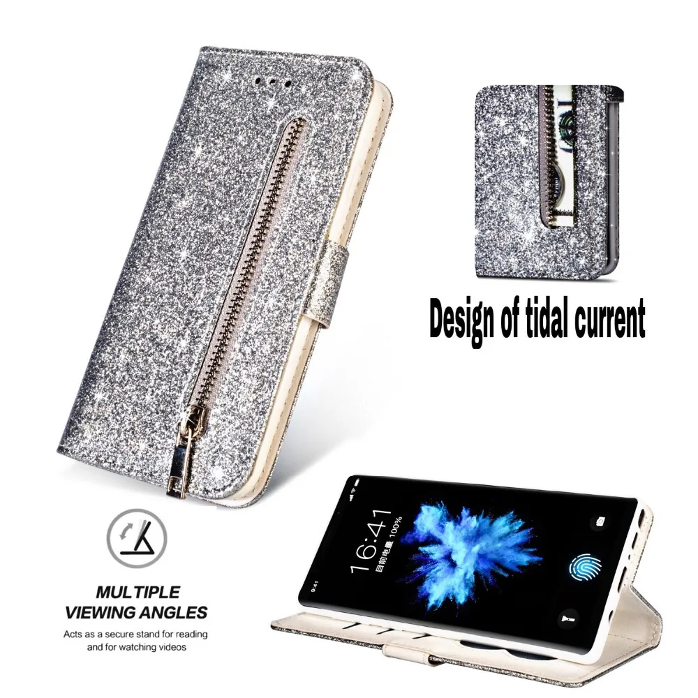 Glitter Zipper Phone Cases For Samsung Galaxy note 9 8 S9 S8 plus s7 S6 edge A5 J3 J7 2017 J3 J4 J6 J7 A6 PLUS 2018 Leather Case