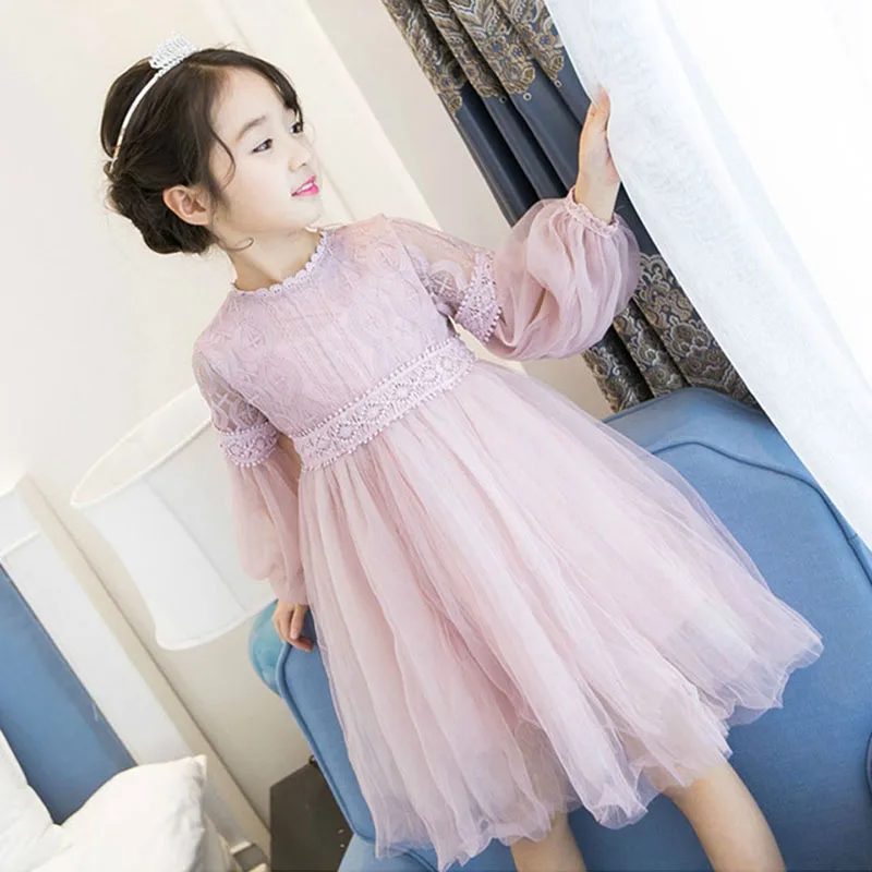 

2018 New Dresses for Girls Cute Lace Solid Long Lantern Sleeve Children Dress O-Neck Ball Grown Party Princess Baby Kids Clothes