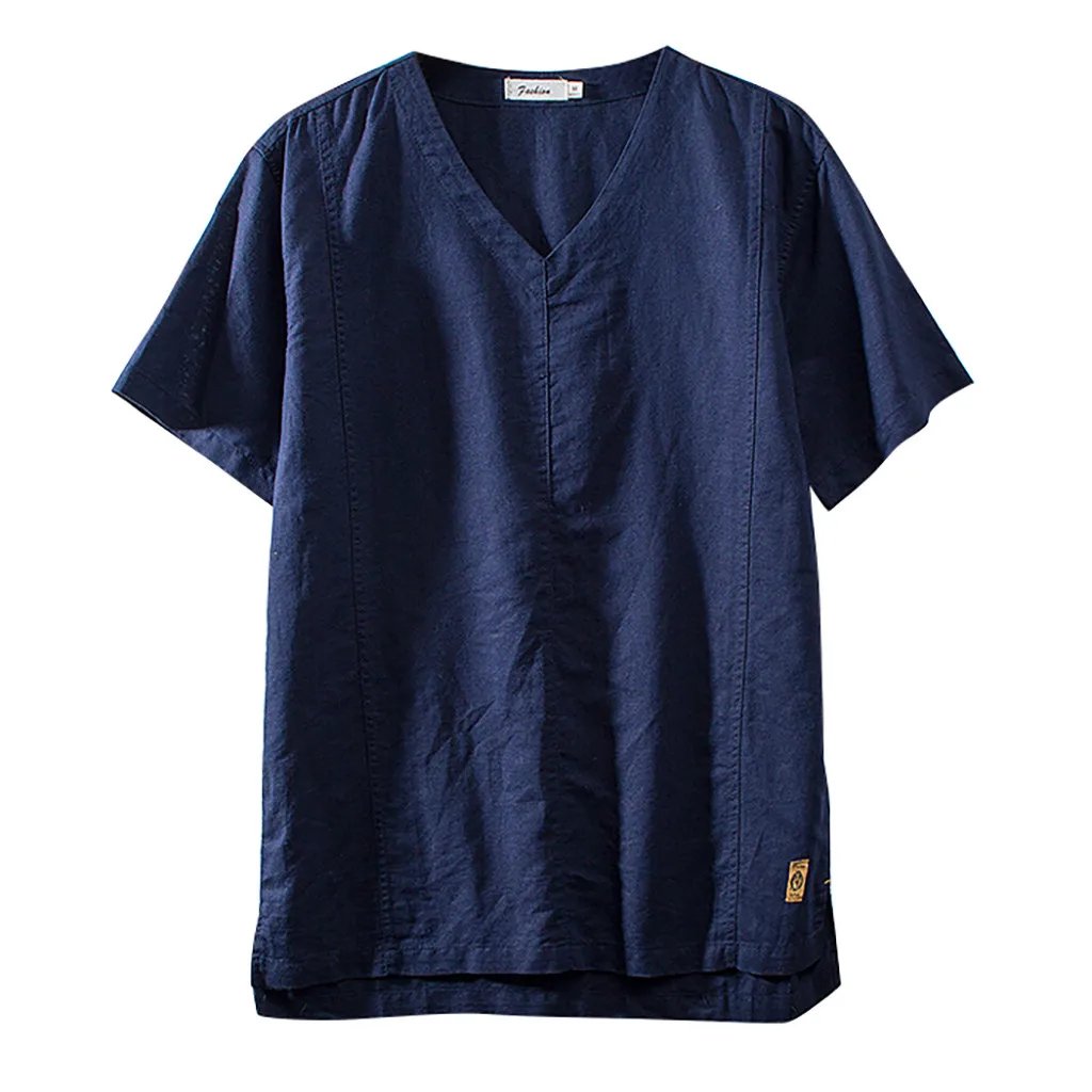 

Mens T-Shirt Fashion 2019 Summer Short Sleeve Slim Cotton Linen T-Shirt Male V-neck Solid Color Casual T-Shirts Plus Size Tops