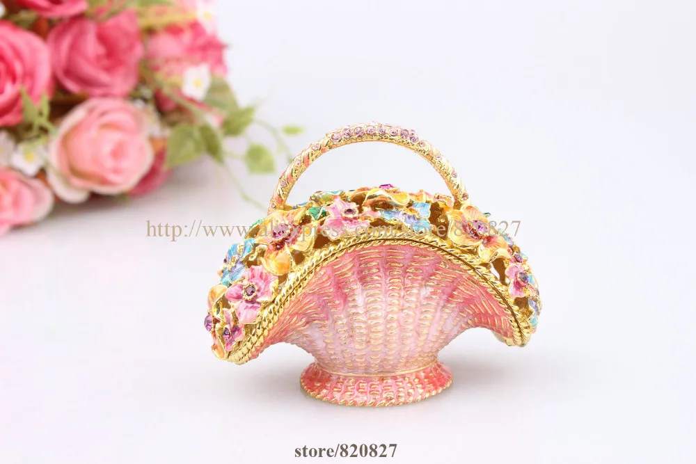 Flowered basket case figurine box a basket of jeweled flowers pewter trinket box collectible basket keepsake box