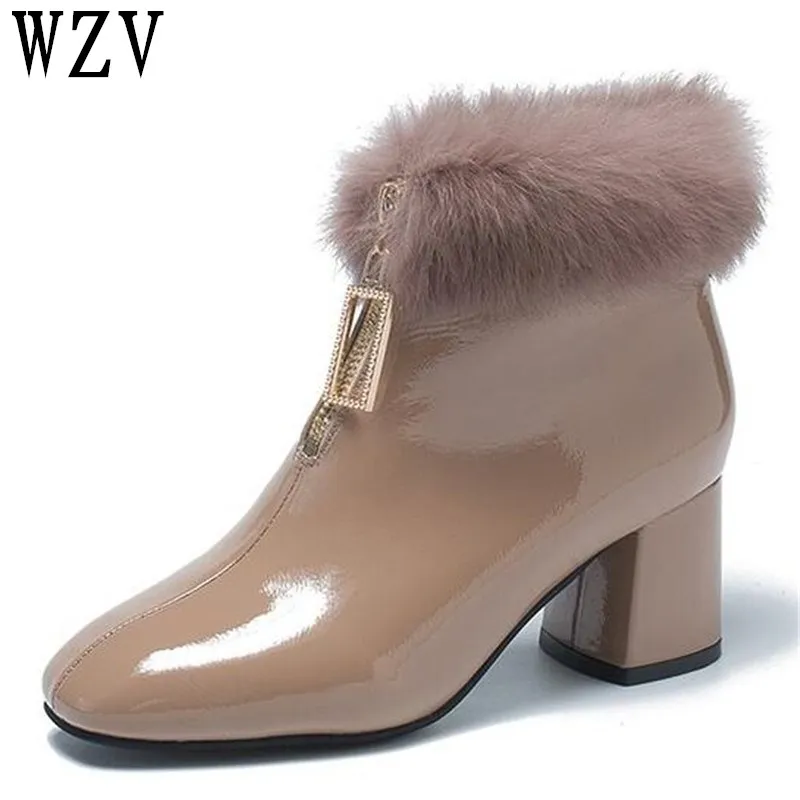 

Fashion fur Women Boots Autumn winter Thick heel Shoes for Female Rhinestone zipper Daily Shoes PU Leather Ankle Boots E383
