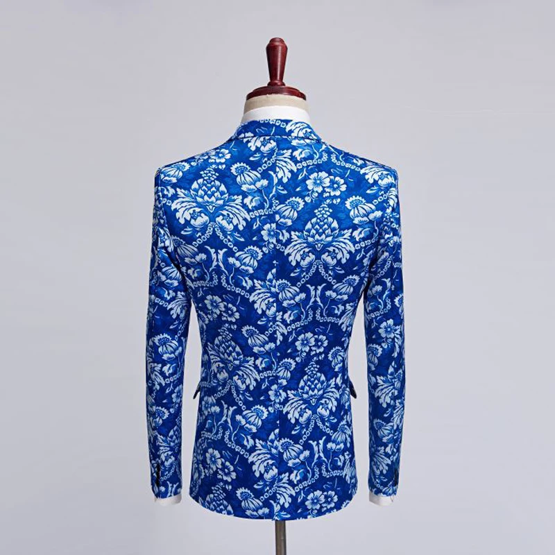 Shenrun Мужской Блейзер модный приталенный пиджак Повседневный синий цветочный принт облегающий костюм куртка Свадебный сценический костюм