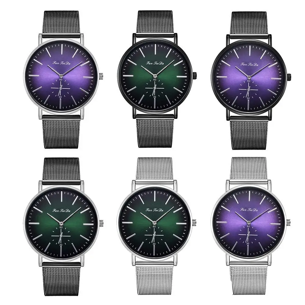 

Popular Fashion Women Mesh Band Sub-dial Decor Round Big Dial Analog Quartz Wrist Watch