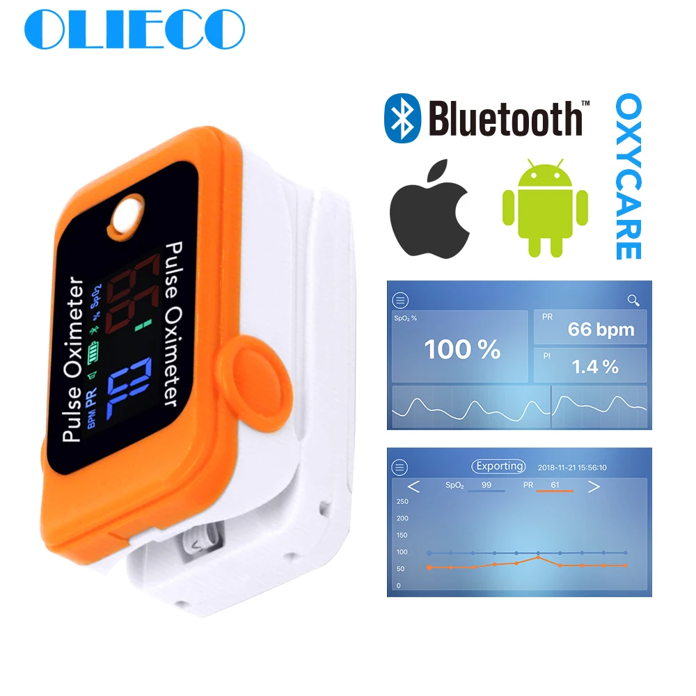 

OLIECO Android iOS Bluetooth 4.0 Fingertip Pulse Oximeter Accurate Smart Household Child Adult APP Oximetro pulso Orange Grey PR