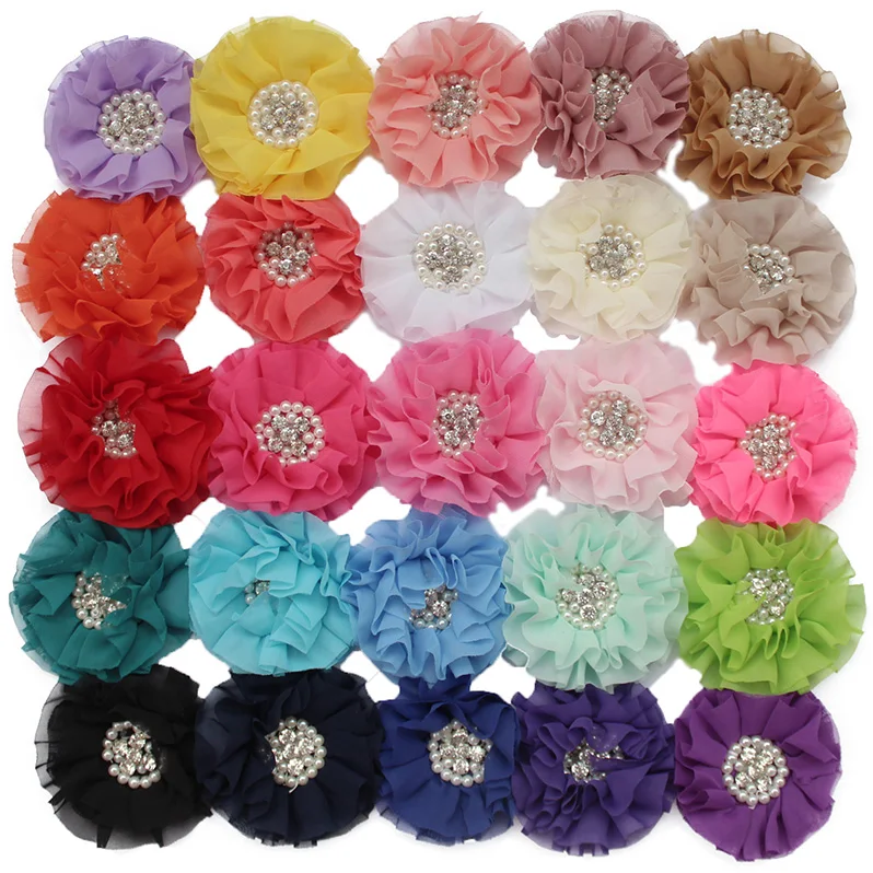 

25 colors in stock!300pcs/lot,3" Hot Sale,Beaded Chiffon Flower Pearl Rhinestone Ruffled Flower Flat Back