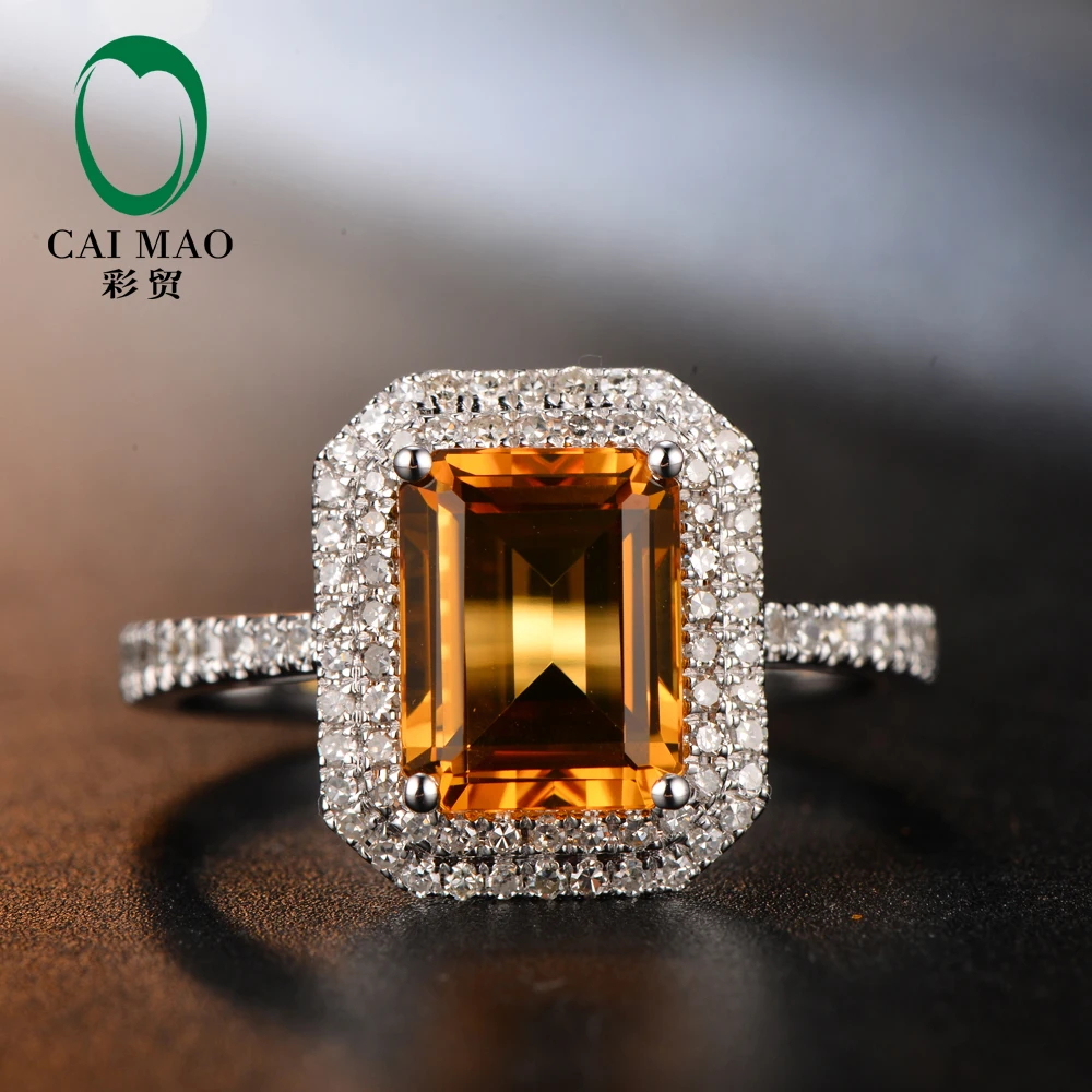 Caimao Jewelry Retro Romantic 7x9mm 2.45CT Citrine Emerald Shape & 0.39ct Natural Diamond 14K White Gold Ring
