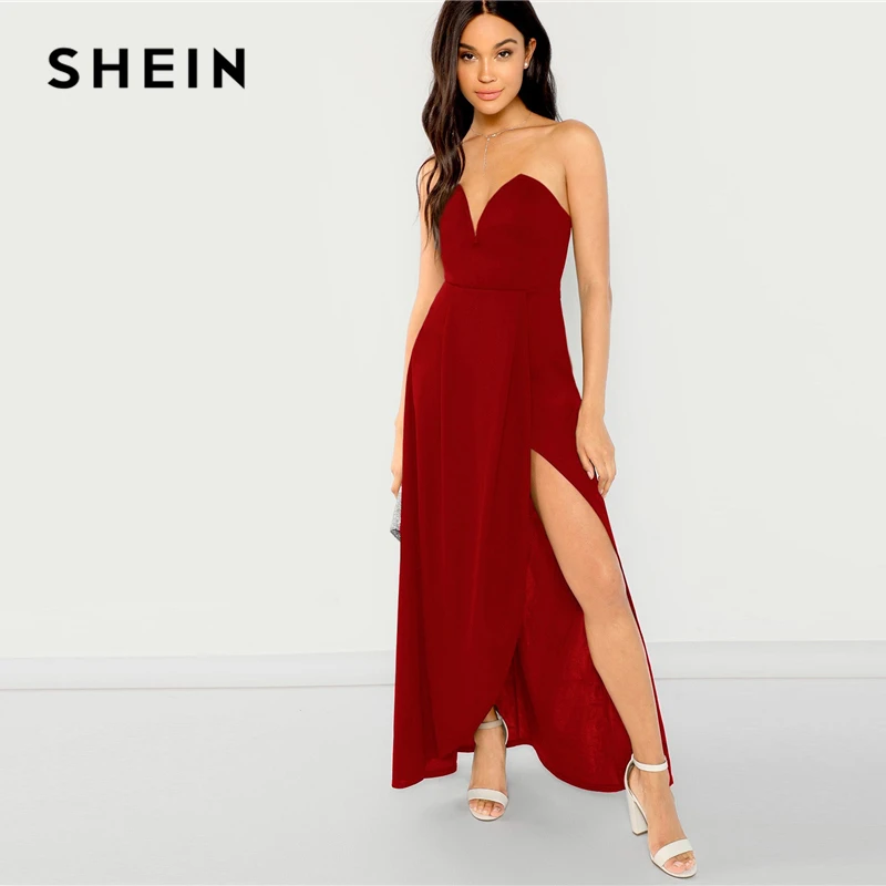 SHEIN Стильное Платье С V-Образным Вырезом И Разрезом Женское Сексуальное Длинное Платье Макси Без Рукавов