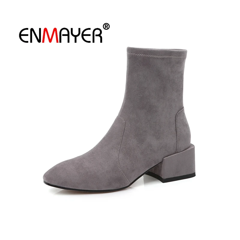

ENMAYER Woman Ankle boots Winter Pointed toe Short boots Black Size 34-39 Causal Cow Suede Med heels Zipper Thick heels CR1753