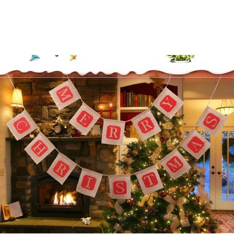 

Merry Christmas Happy Burlap Bunting Banner Gradient Merry Christmas Burlap Flag DIY Pull Flag Garland Christmas Decoration