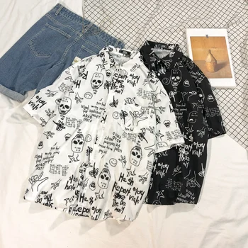 

Summer New Shirt Men Fashion Cartoon Print Casual Shirt Man Streetwear Trend Wild Loose Hip Hop Short-sleeved Shirt Male M-xl