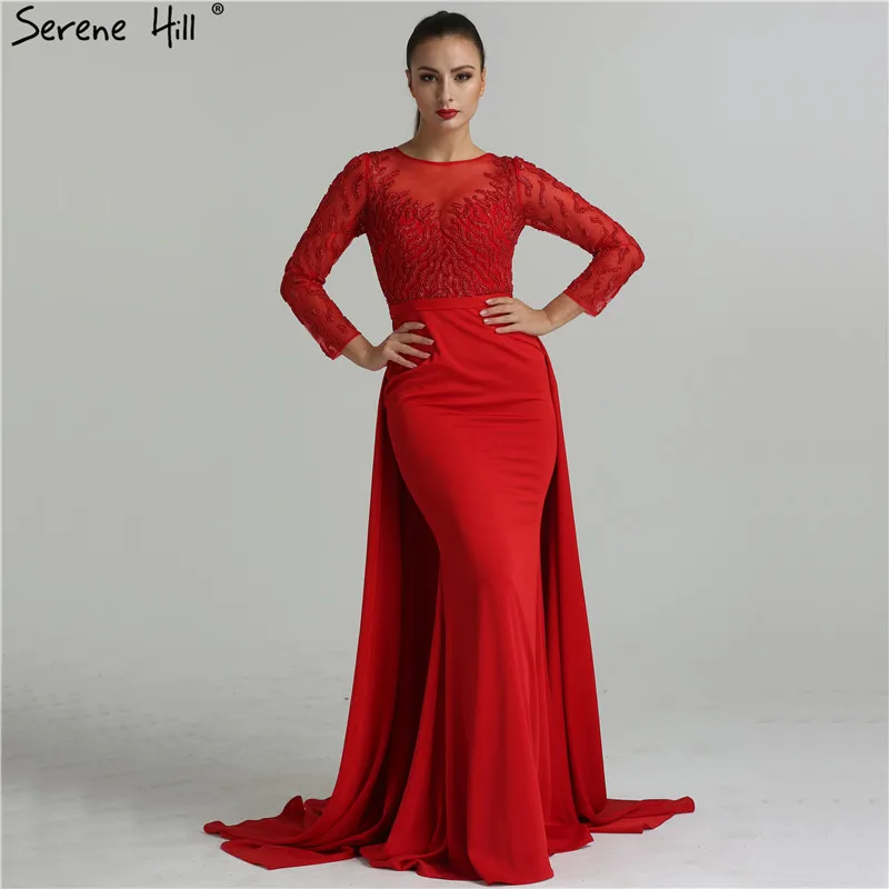 

Sexy Sheer Neckline Long Sleeve Red Chiffon Evening Dresses 2019 Beaded Sequins with Train Prom Gown Robe De Soiree BLA6275