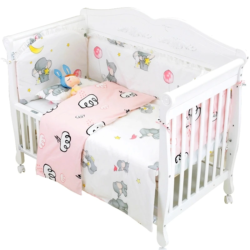 6 pcs/set Cute Elephant Toddler Baby Bedding Set Crib Protect Bumpers Cotton Baby Bed Linens Set Include Bumpers Sheet Pillow