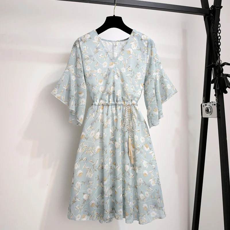Trytree летнее Повседневное платье для женщин с цветочным принтом и v-образным вырезом, с рукавом-бабочкой, с поясом, платья трапециевидной формы до колена, платье для отдыха - Цвет: NO.8