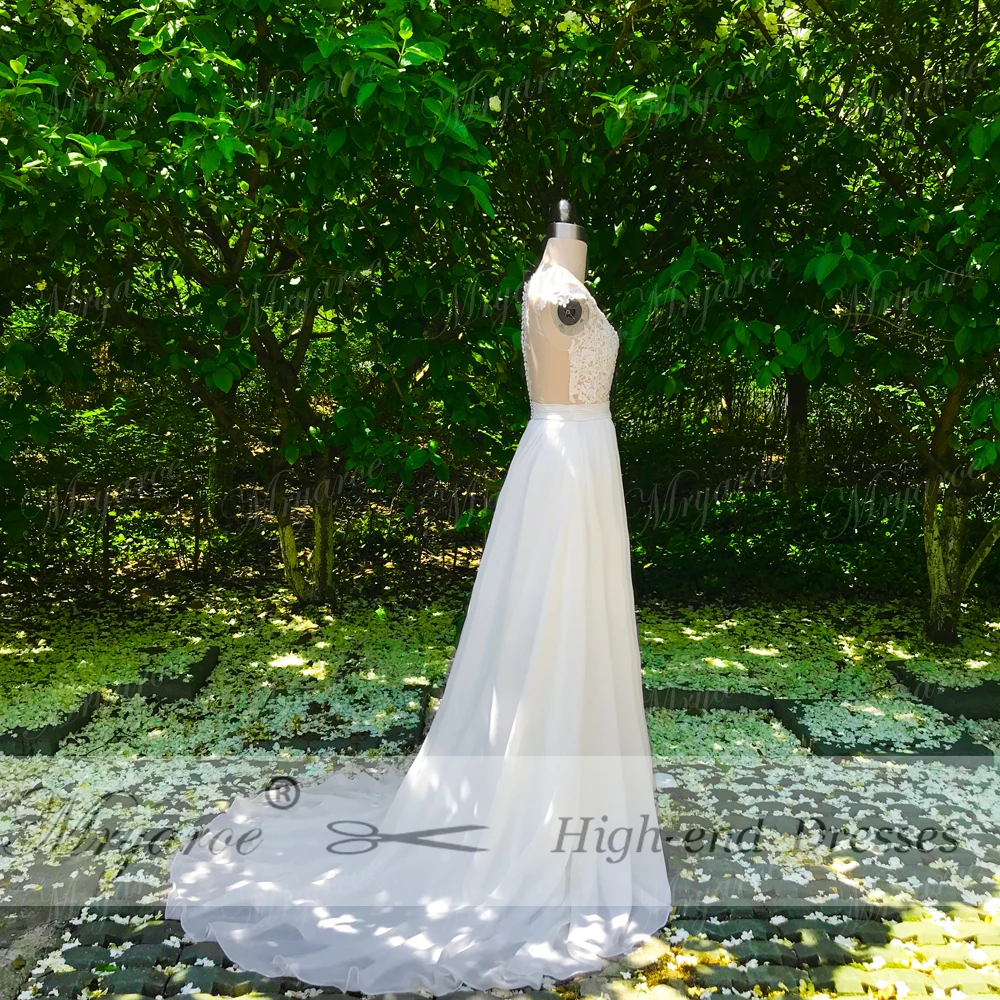 Mryarce Beach Wedding Dress 2018 Sheer Bodice Lace Appliqued  Flowing Chiffon Split Bridal Gowns With Cap Sleeves  (3)