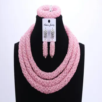 

2017 Lady Three Layers Gouache African Beads Wedding Jewelry Sets Nigerian Beaded Necklace Party Jewelry Sets Free Shipping