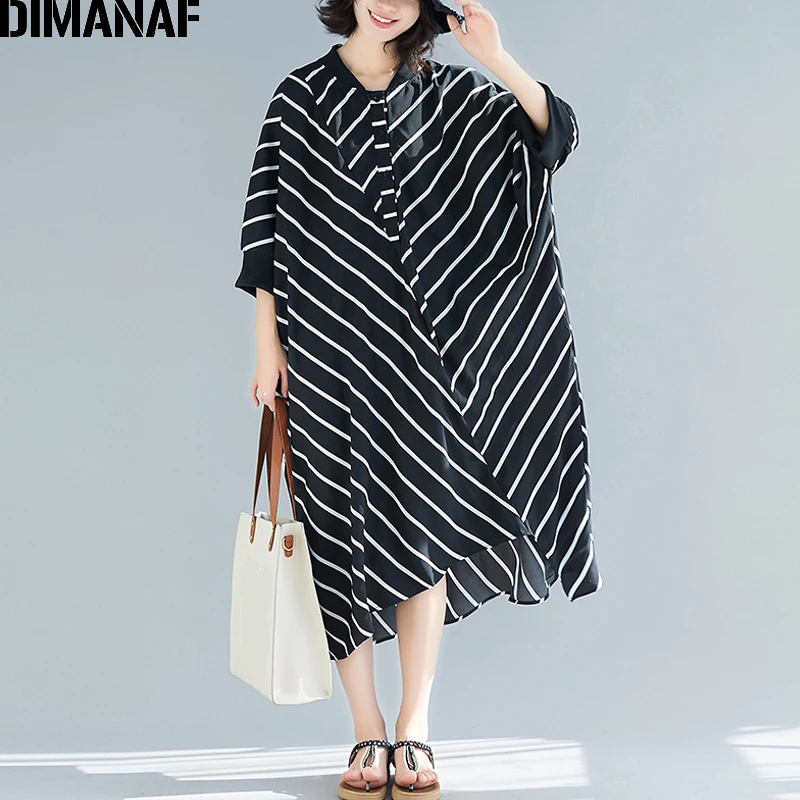 

DIMANAF Plus Size Women Long Dress Summer Lady Vestidos Batwing Sleeve Vintage Striped Black Female Dress Loose Big Size 5XL 6XL